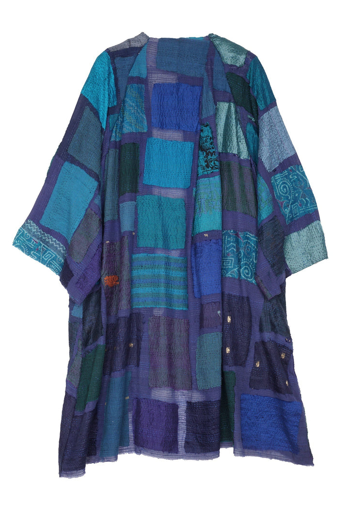 TONAL TILE PATCH KANTHA KIMONO DUSTER - tt2317-blu -