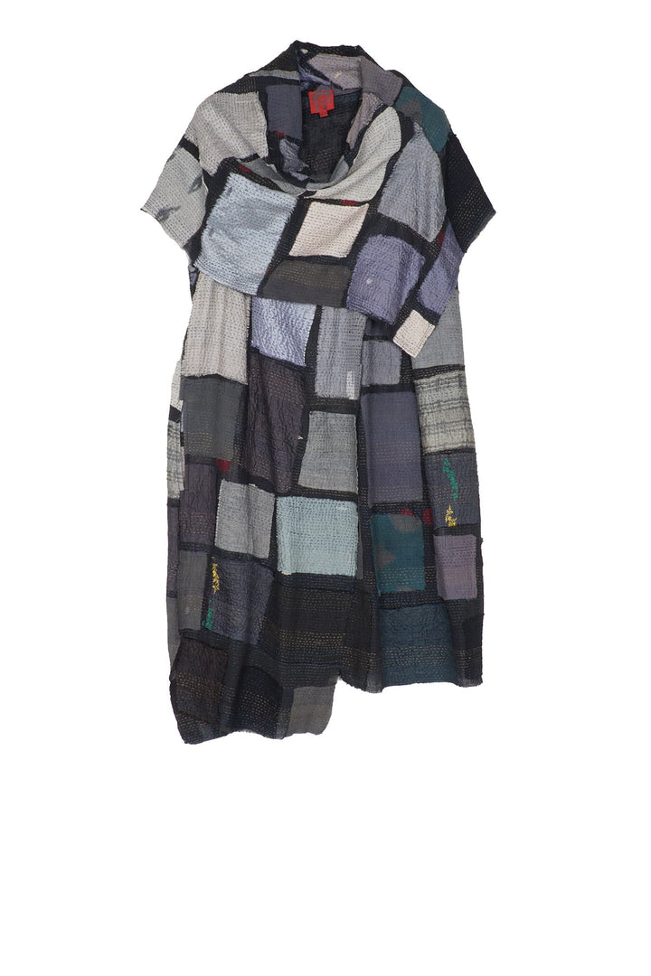 TONAL TILE PATCH KANTHA COWL NECK DRESS - tt2416-gry -