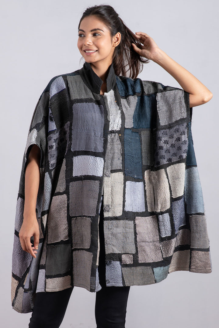 TONAL TILE PATCH KANTHA SHIRT PONCHO - tt2545-gry -