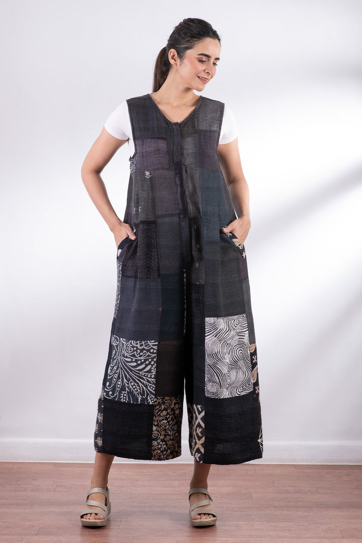 VINTAGE BOTTOM PRINT KANTHA PLEATED JUMPER - vb2637-blk -