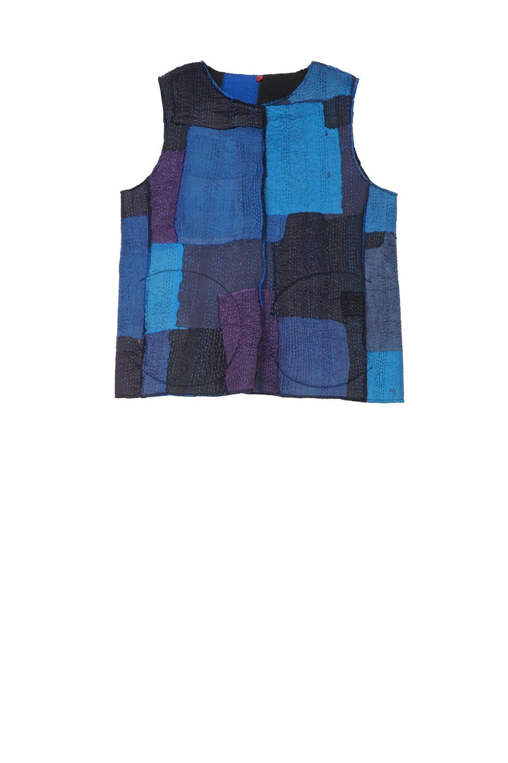 BOILED WOOL KANTHA CREW NECK FITTED VEST - wb2228-blu -