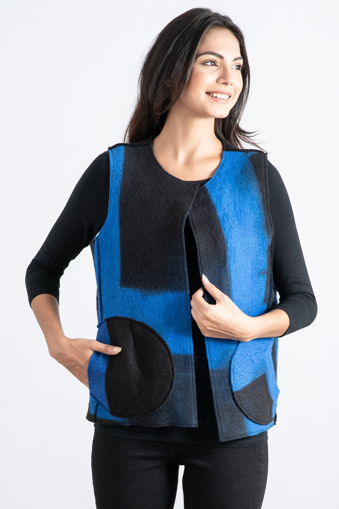 BOILED WOOL KANTHA CREW NECK FITTED VEST - wb2228-blu -