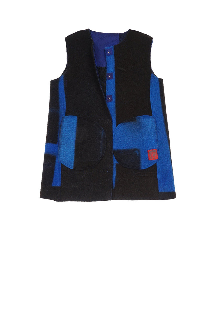 BOILED WOOL KANTHA CREW NECK FITTED VEST MEDIUM - wb2233-blu -