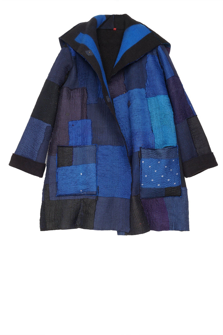 BOILED WOOL KANTHA POCKET MEDIUM COAT - wb2316-blu -