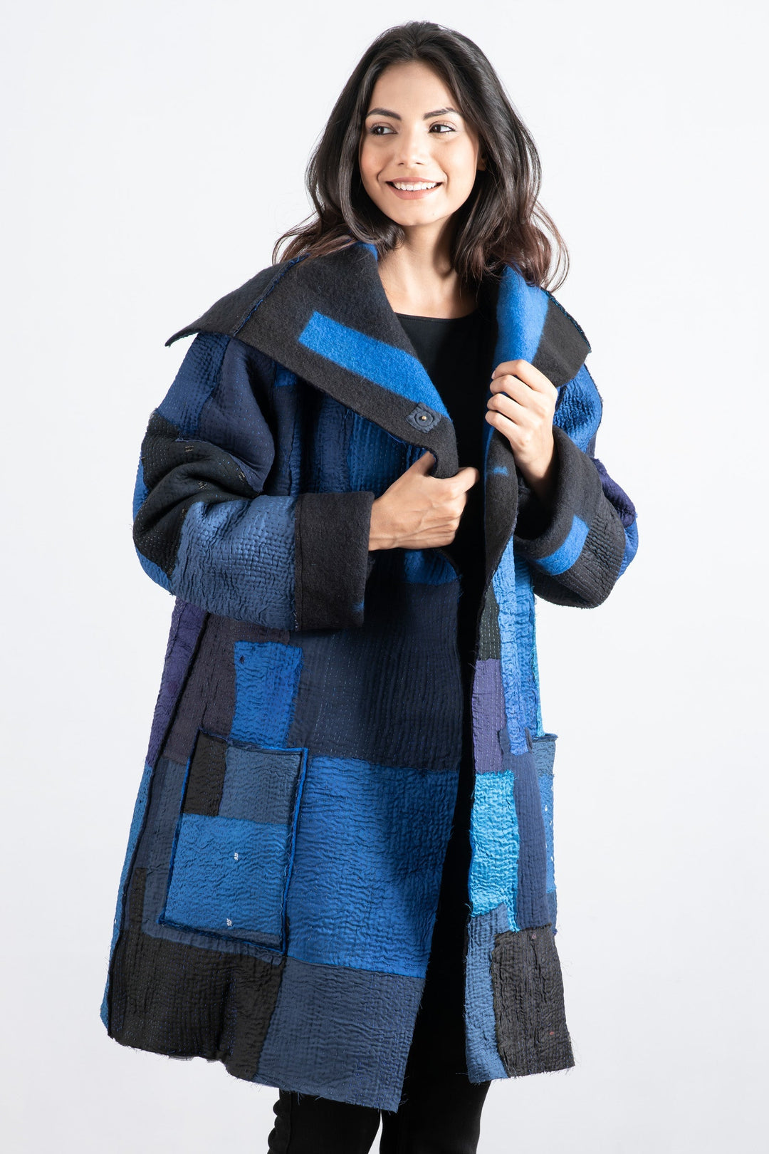 BOILED WOOL KANTHA POCKET MEDIUM COAT - wb2316-blu -