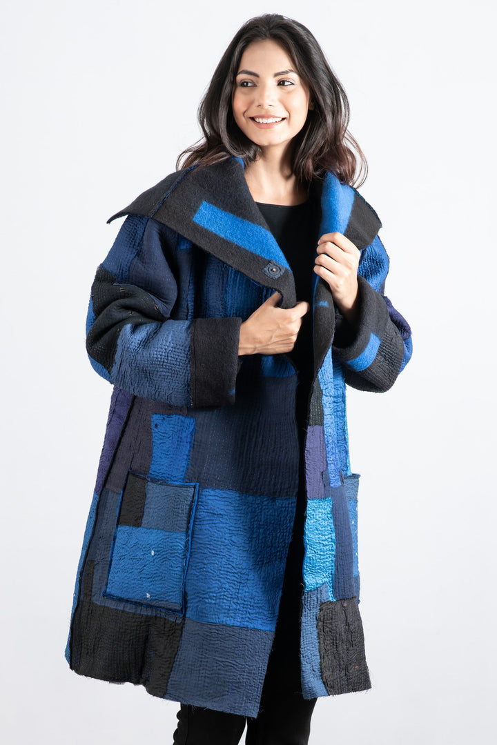 BOILED WOOL KANTHA POCKET MEDIUM COAT - wb2316-blu -