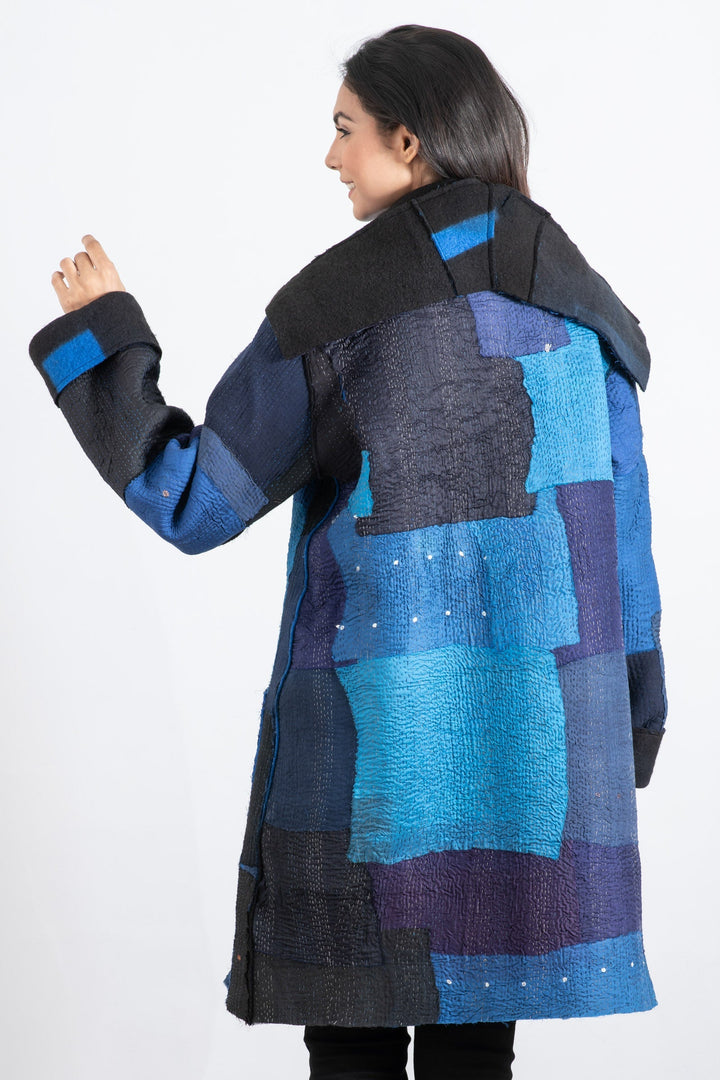 BOILED WOOL KANTHA POCKET MEDIUM COAT - wb2316-blu -