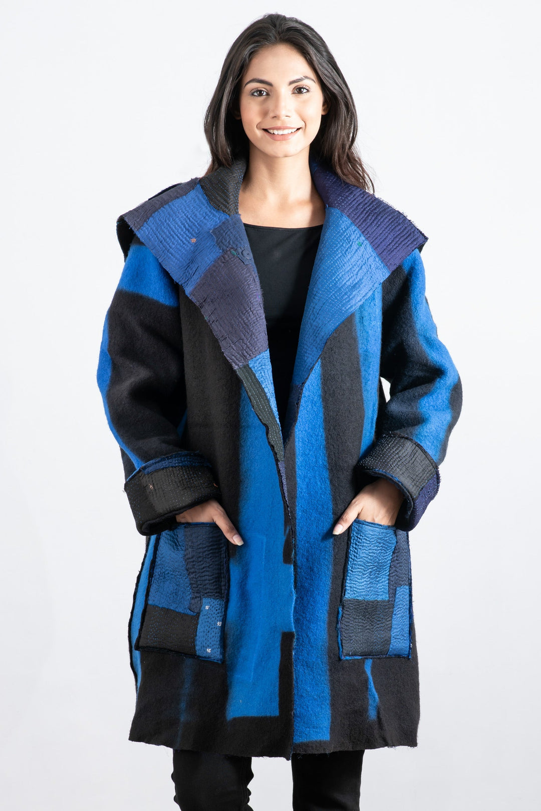 BOILED WOOL KANTHA POCKET MEDIUM COAT - wb2316-blu -