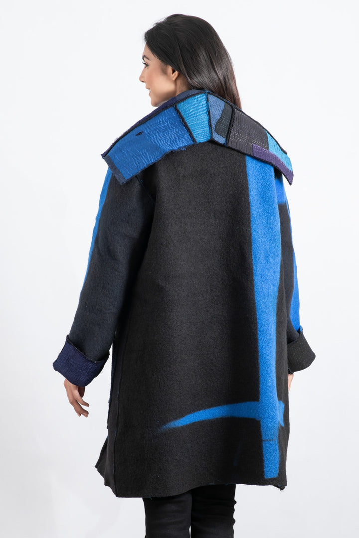 BOILED WOOL KANTHA POCKET MEDIUM COAT - wb2316-blu -