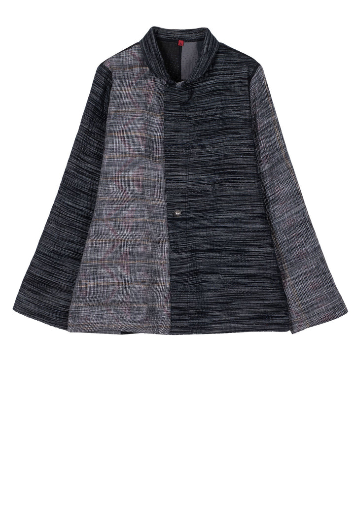 WOVEN IKAT & FRAYED PATCH KANTHA SIMPLE JKT - wk4022-gry -
