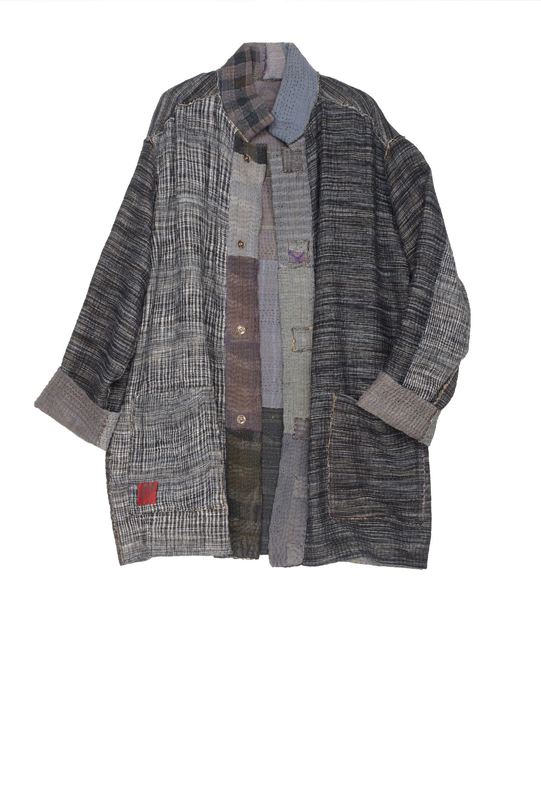 WOVEN IKAT & FRAYED PATCH KANTHA MEN'S JKT - wk4041-gry -