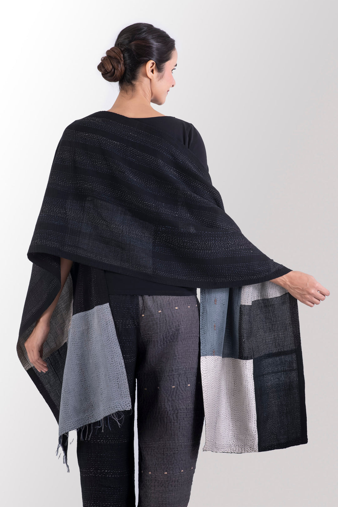 COTTON SILK SW PATCH OMBRE KANTHA SCARF STANDARD - wo2801-blk -