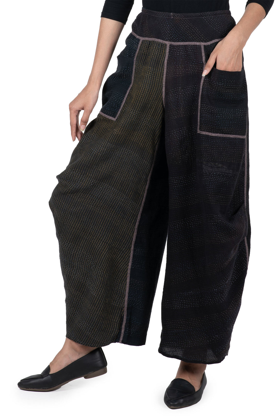 COTTON SILK SW PATCH KANTHA KNEE TUCKED PANTS - ws2625-blk -