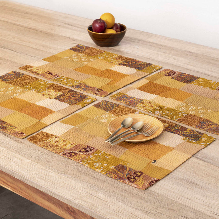 Printed Fray Vintage Cotton Kantha Placemat -Golden (SET OF 2)