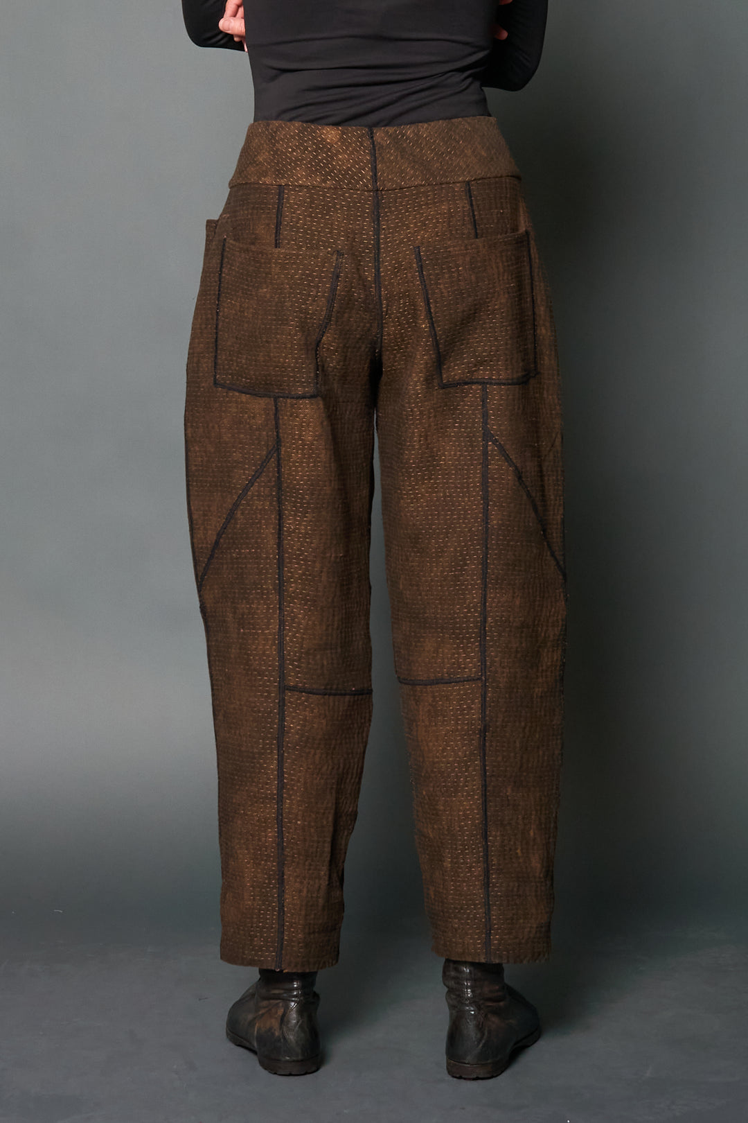 DENIM SUN-DYE KANTHA PANELED LANTERN PANTS - ds3675-brn -