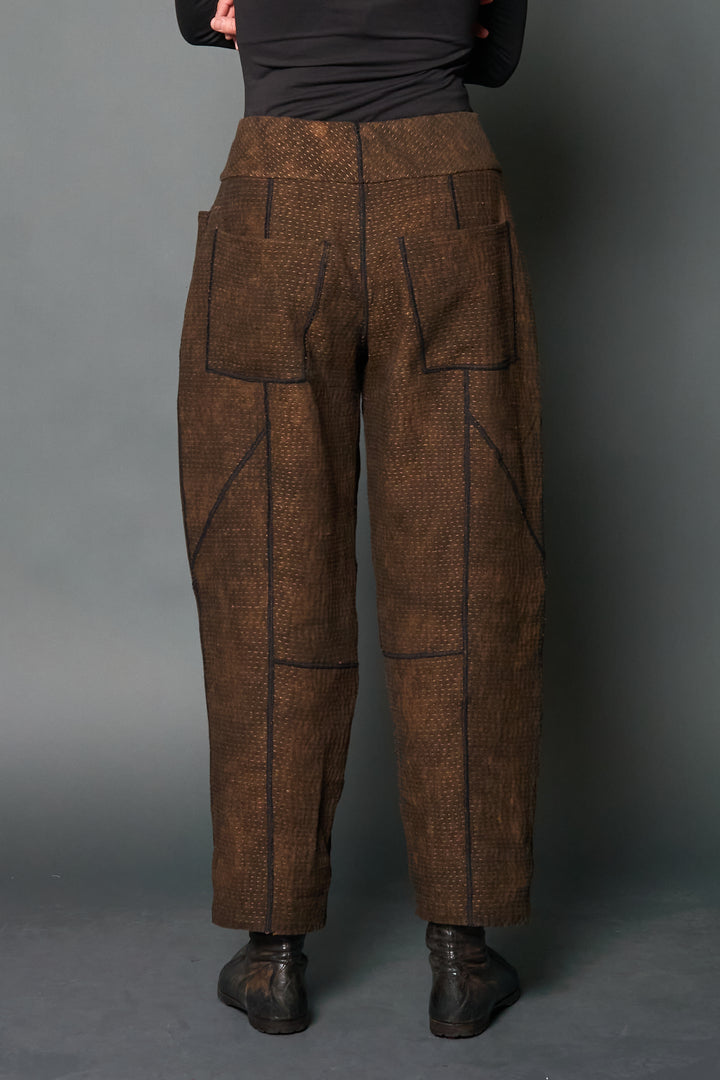 DENIM SUN-DYE KANTHA PANELED LANTERN PANTS - ds3675-brn -