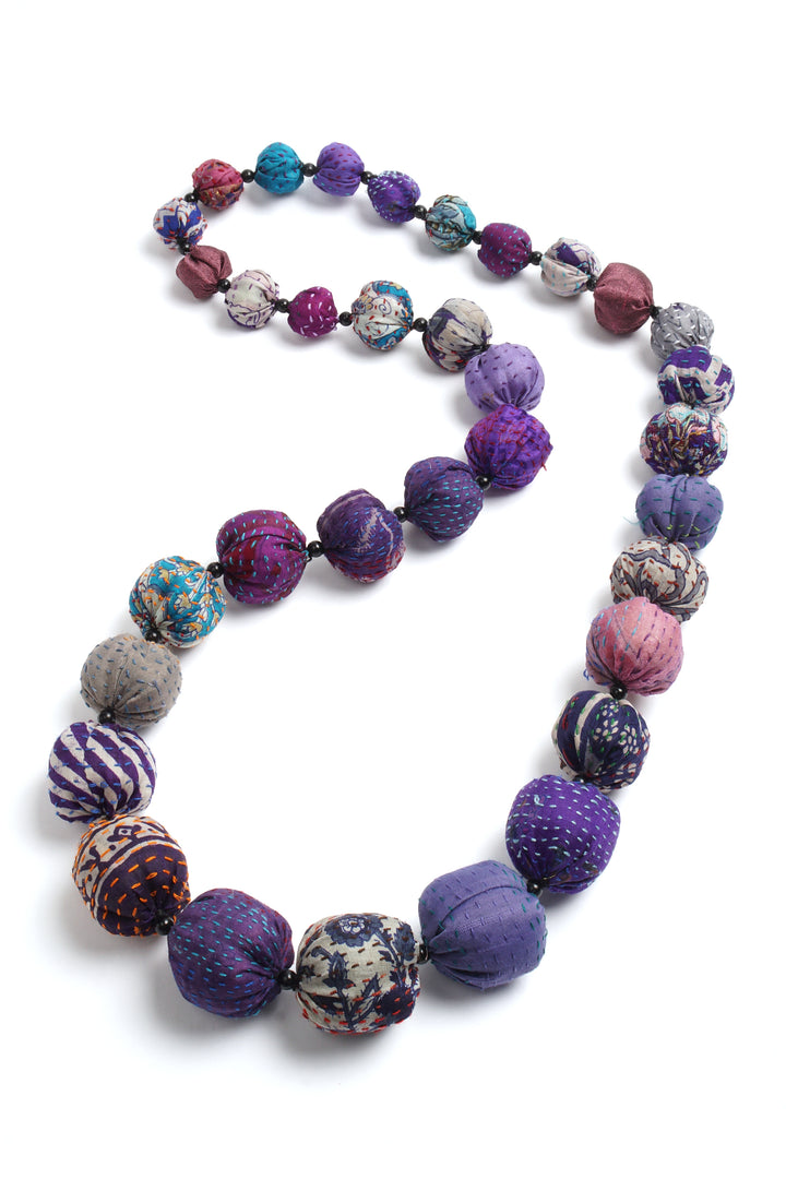 VINTAGE SILK KANTHA NUTS LONG NECKLACE - sv2702-prp -