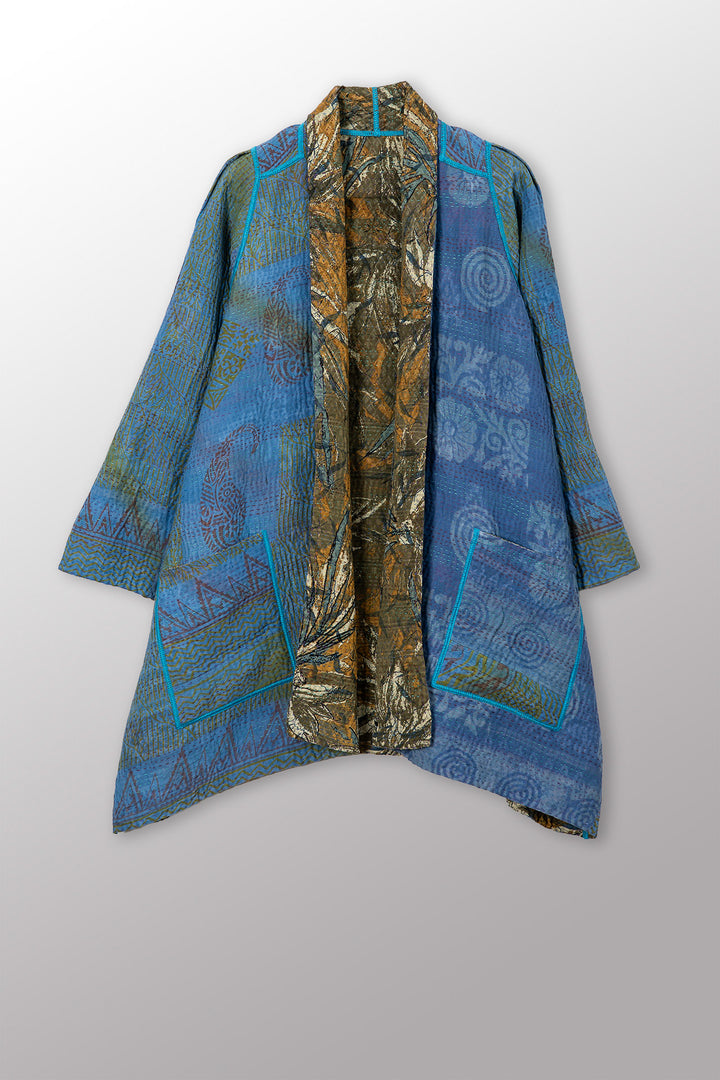 VINTAGE SILK GEORGETTE COTTON KANTHA A-LINE JACKET - gc4003-0004a -