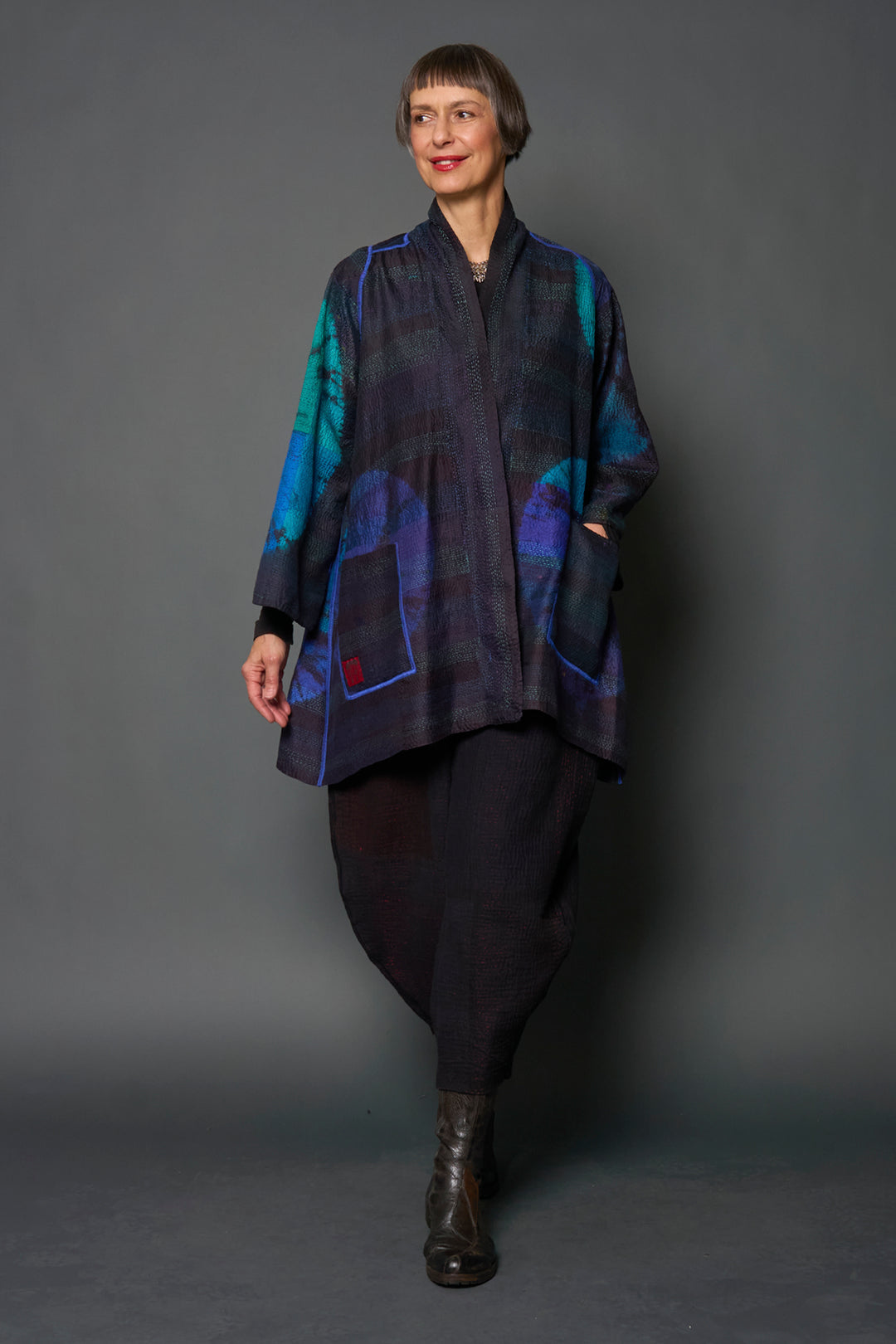 TIE DYE CIRCLE SHIBORI KANTHA A-LINE JACKET - td2003-blu -