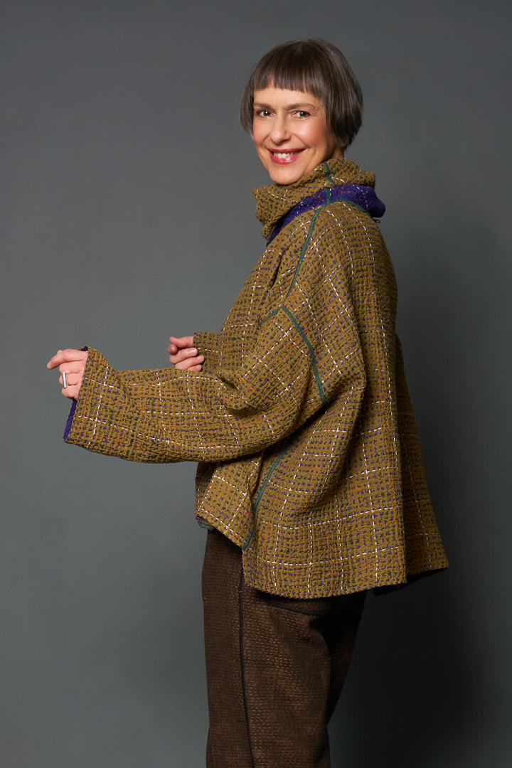 WOOL WAFFLE KANTHA NEW COWL NECK PONCHO - ww3083-prp -