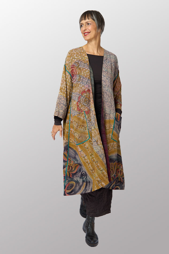 GEORGETTE JACQUARD VINTAGE SILK PATCH KANTHA LONG DUSTER - gj2328-0001a -