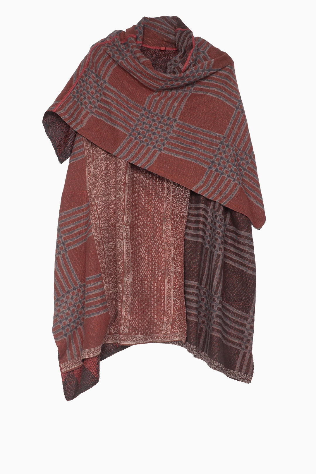 INDONESIAN PRINT & BORDER SHIBORI KANTHA COWL NECK FLARE TOP - ib2529-red -