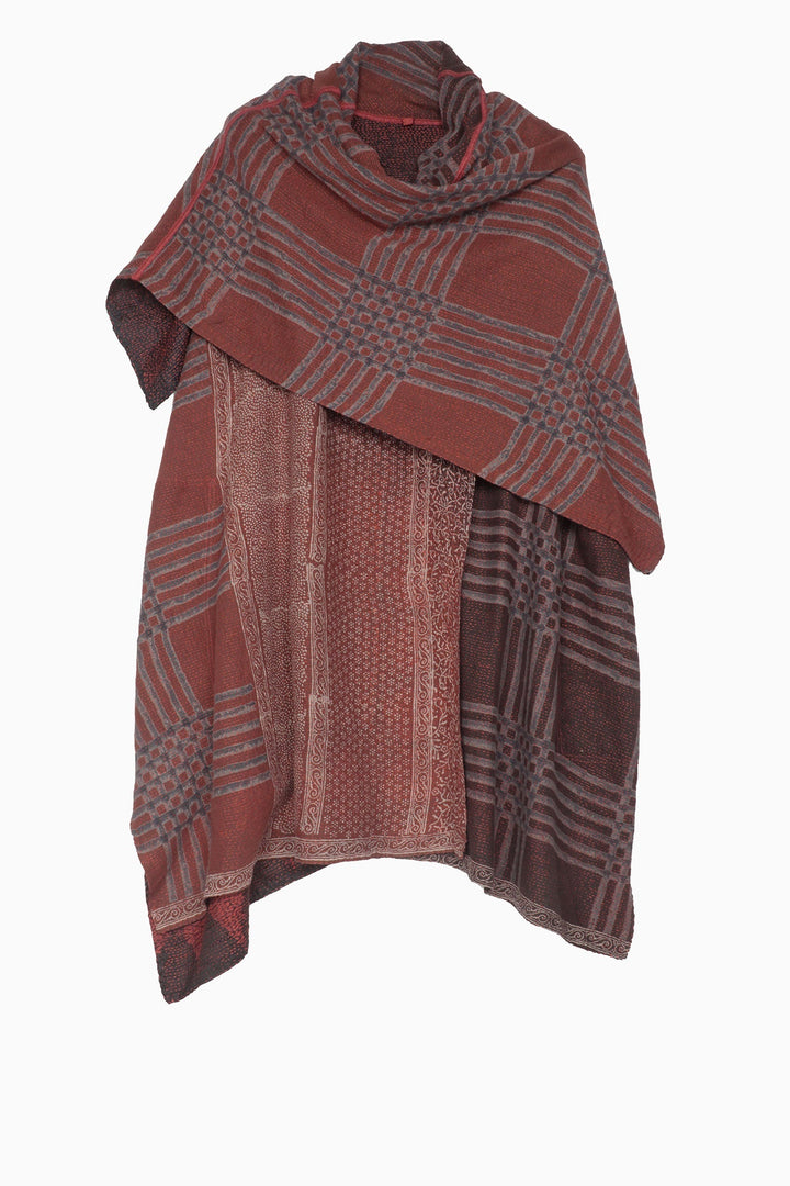 INDONESIAN PRINT & BORDER SHIBORI KANTHA COWL NECK FLARE TOP - ib2529-red -