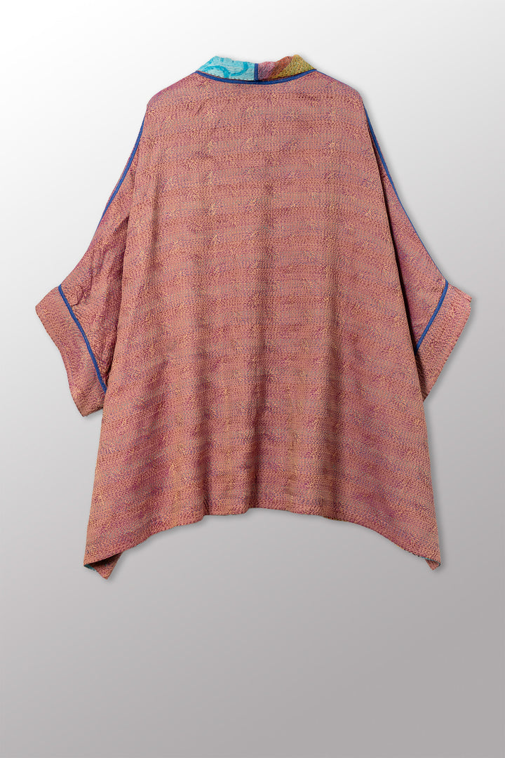 GEORGETTE JACQUARD VINTAGE SILK PATCH KANTHA DOUBLE COLLAR PONCHO - gj2323-0003a -
