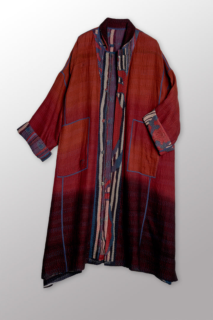 STRIPE AND BENDS KANTHA NEW OVERSIZED COAT - sb4342-red -