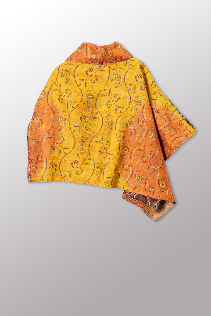 VINTAGE SILK KANTHA COWL NECK LONG CAPE - sv2842-0012a -