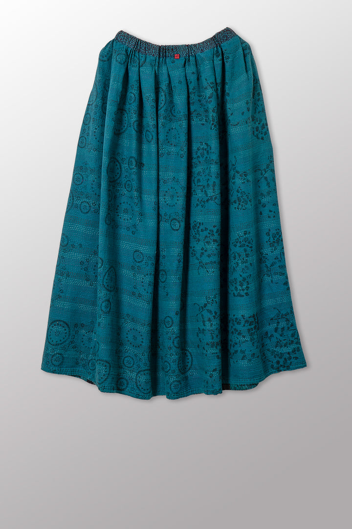 VINTAGE COTTON & NEW VOILE KANTHA TUCKED GATHER SKIRT - cn2663-0001s -