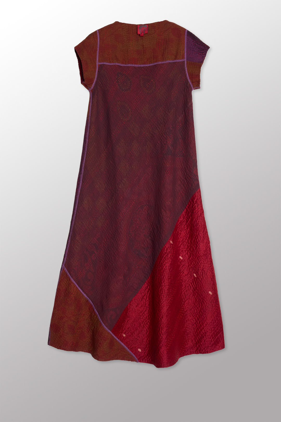 JEWEL WOVEN WITH VERTICAL PATCH KANTHA CAP SLV. SEMI FLARE DRESS - jv4452-red -