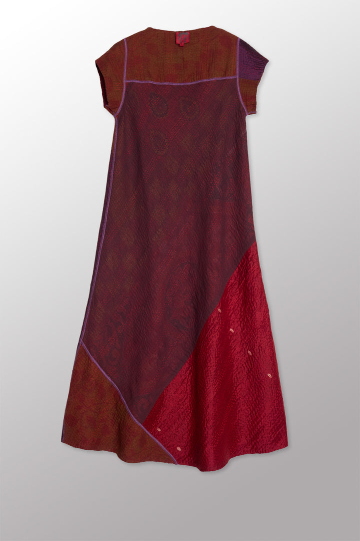 JEWEL WOVEN WITH VERTICAL PATCH KANTHA CAP SLV. SEMI FLARE DRESS - jv4452-red -