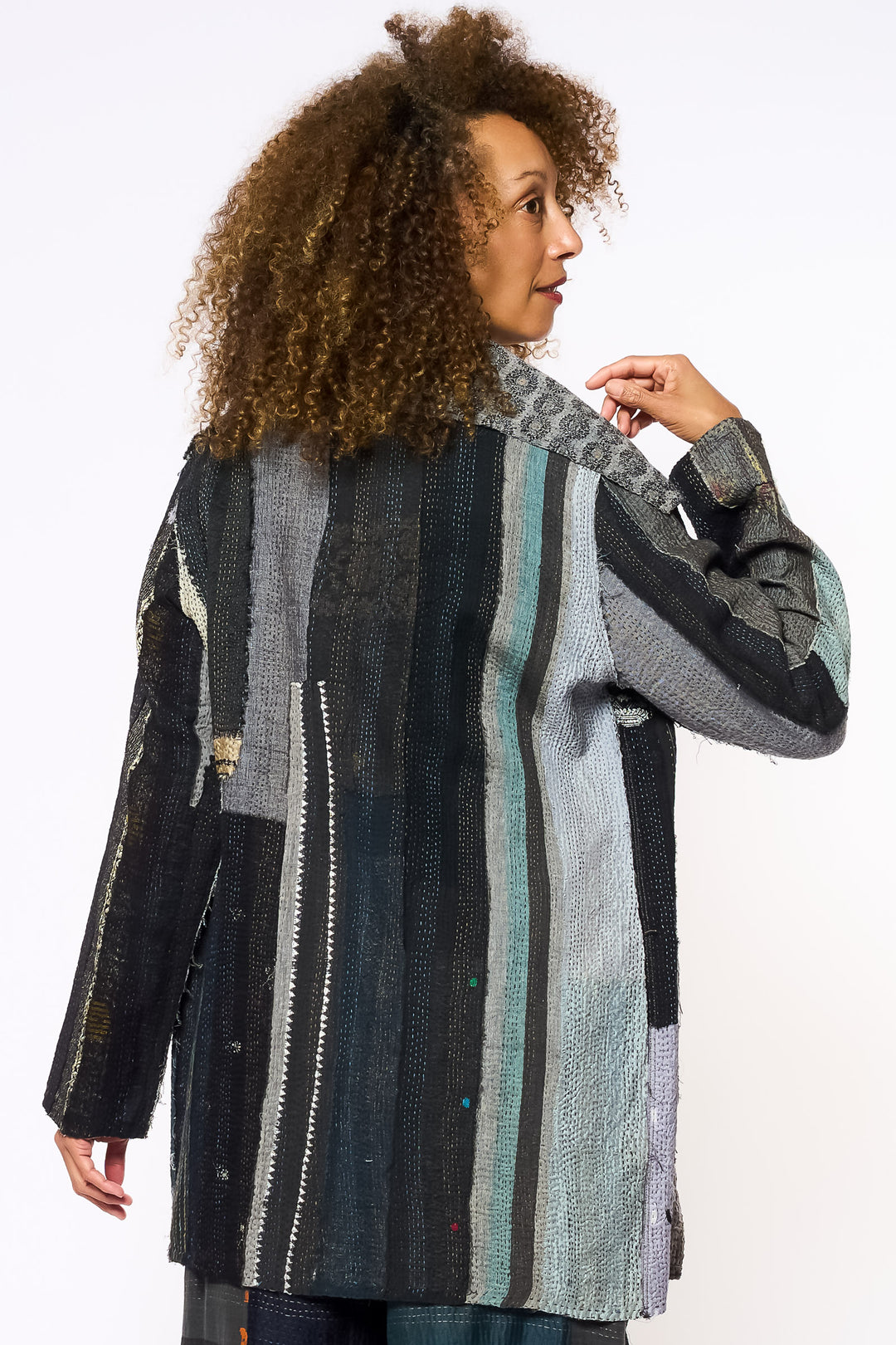 STRIPE FRAYED & HANDWOVEN KANTHA POCKET JKT - ft2002-blk -