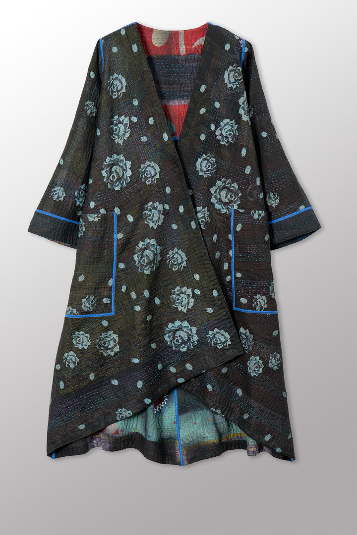 VINTAGE COTTON GREY CLAMP TIE DYE KANTHA WRAP FLARE COAT - su4330-0002a -