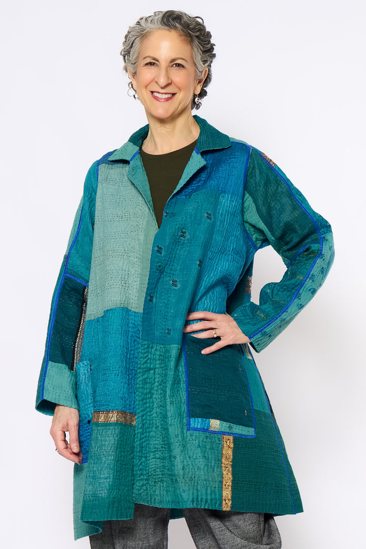 COTTON SILK SW PATCH KANTHA A-LINE DUSTER - ws4311-tuq -