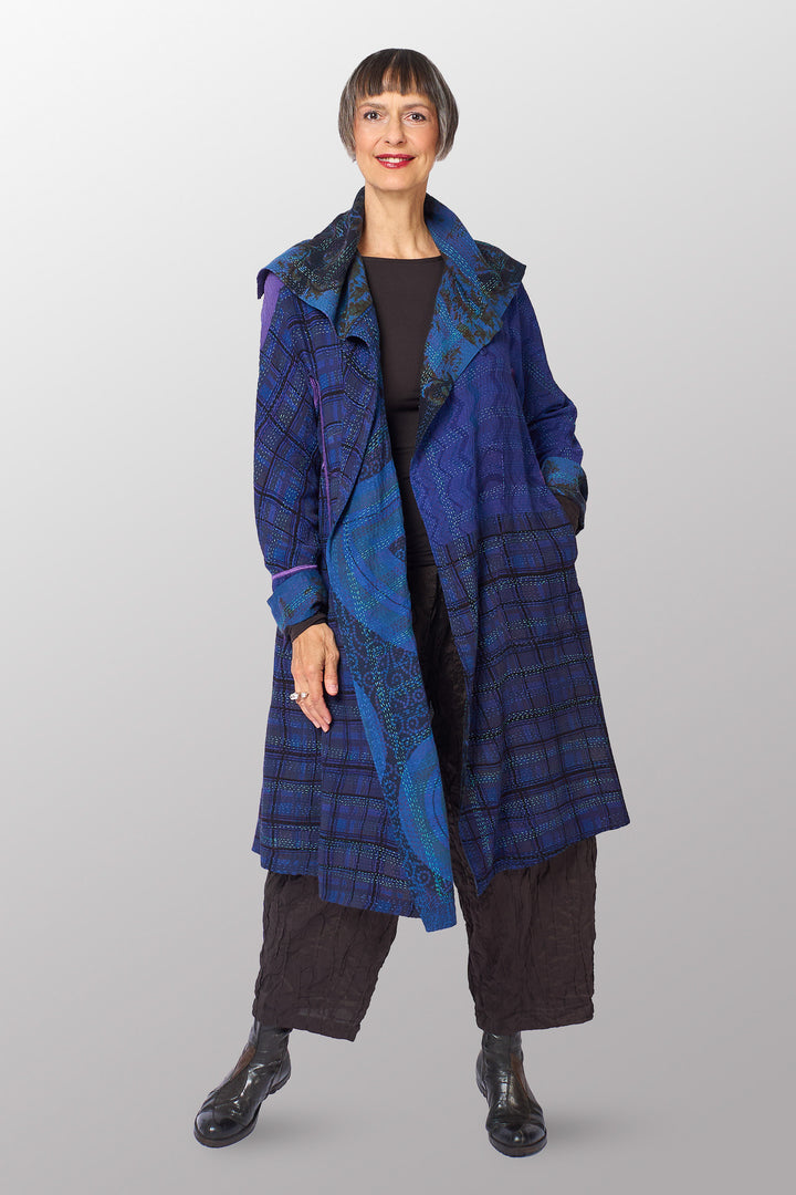VINTAGE SILK GEORGETTE COTTON KANTHA A-LINE COAT - gc2309-0002a -