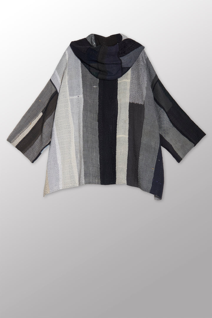 STRIPE AND CHECK COTTON SILK PATCH KANTHA HOODIE PONCHO - ss4064-blk -