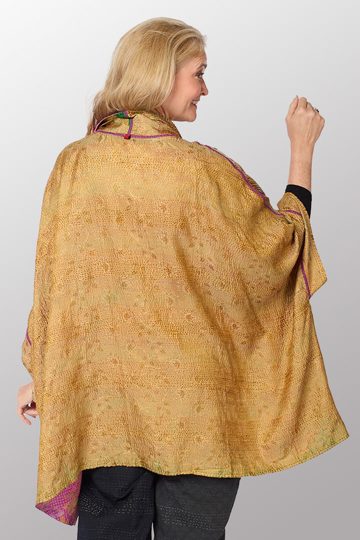 GEORGETTE JACQUARD VINTAGE SILK PATCH KANTHA DOUBLE COLLAR PONCHO - gj2323-0001a -