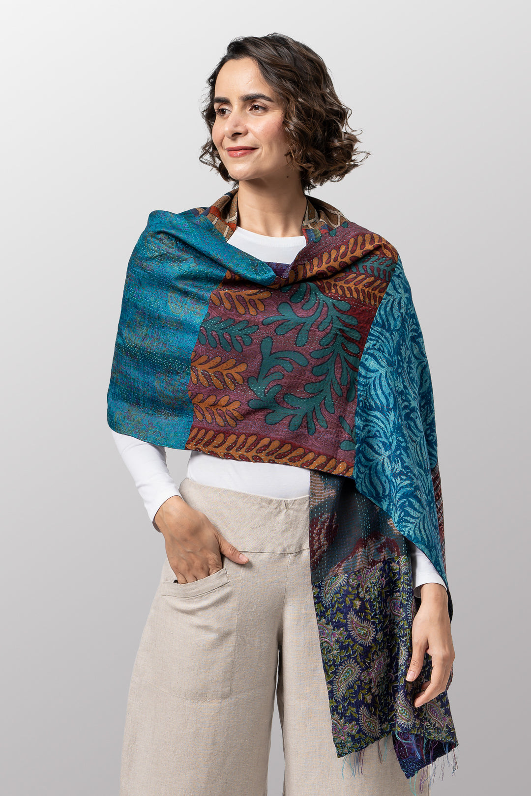 GEORGETTE VINTAGE SILK PATCH KANTHA SCARF STANDARD - gs2801-tel -