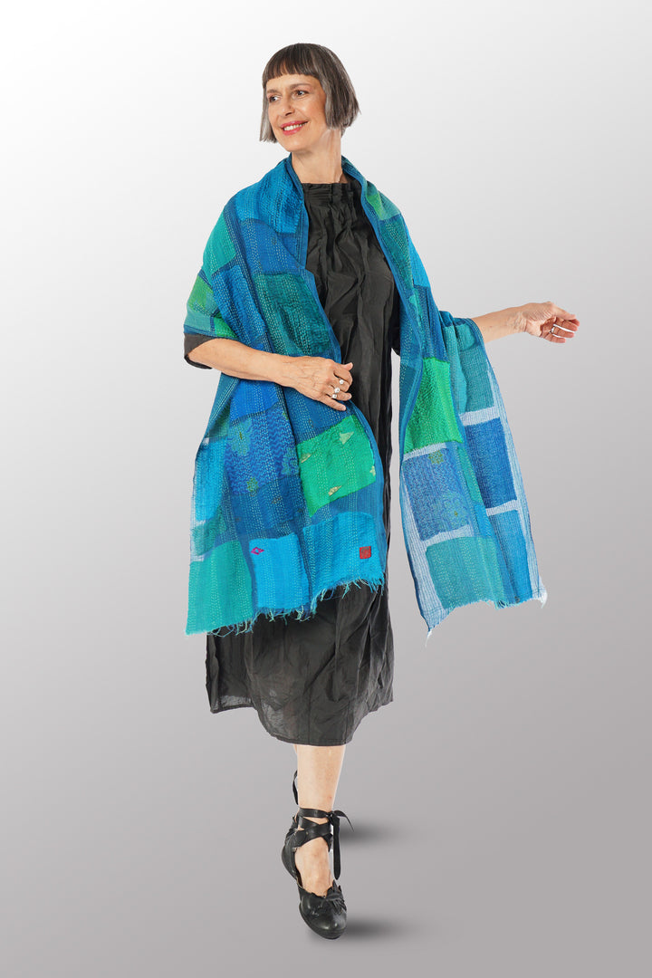 TONAL TILE PATCH KANTHA SCARF STANDARD - tt2801-blu -