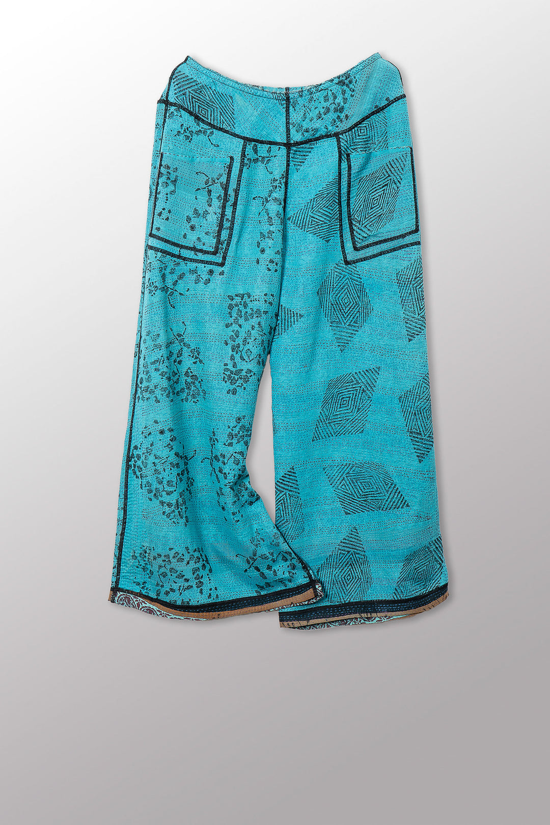 VINTAGE COTTON & NEW VOILE KANTHA MID RISE WIDE LEG PANTS - cn2665-0001m -