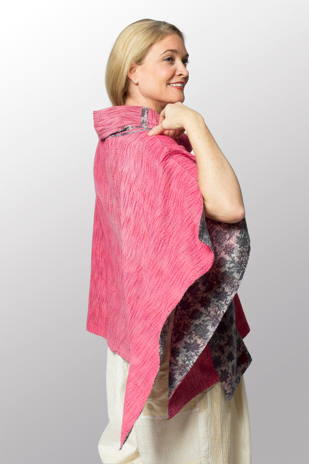 VINTAGE COTTON KANTHA COWL NECK LONG CAPE - cv2842-0003a -