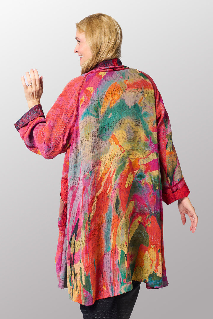 GEORGETTE JACQUARD VINTAGE SILK PATCH KANTHA KIMONO LONG JACKET - gj2005-0001a -