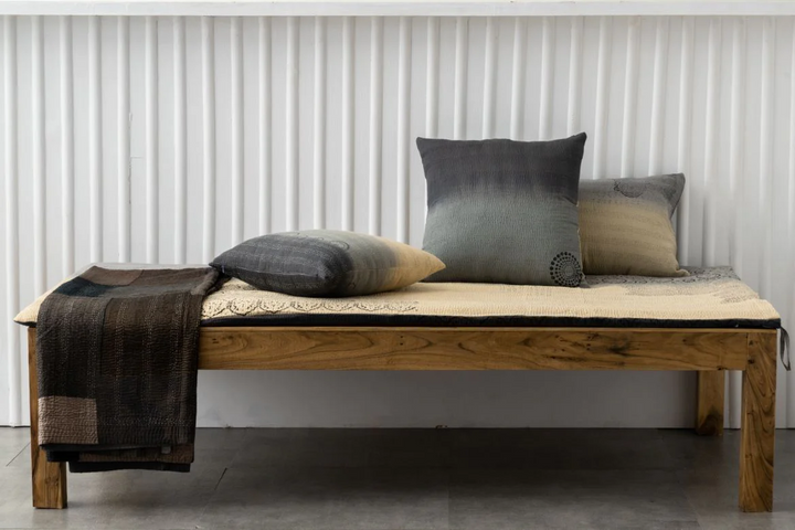 Vintage Fray Patch & Ombre Kantha Day Bed Mattress Cover -Yellow Stone -