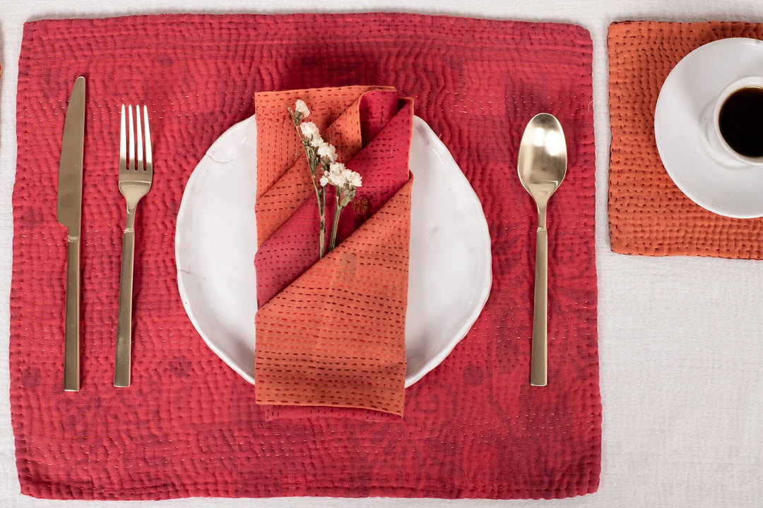 Mosaic Fray Handmade Vintage Kantha Placemat -Carrot (Set of 2)