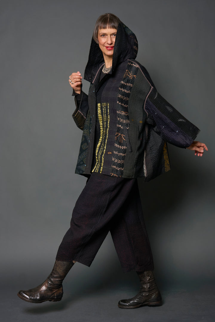 JEWEL WOVEN WITH VERTICAL PATCH KANTHA HOODIE PONCHO - jv4064-blk -
