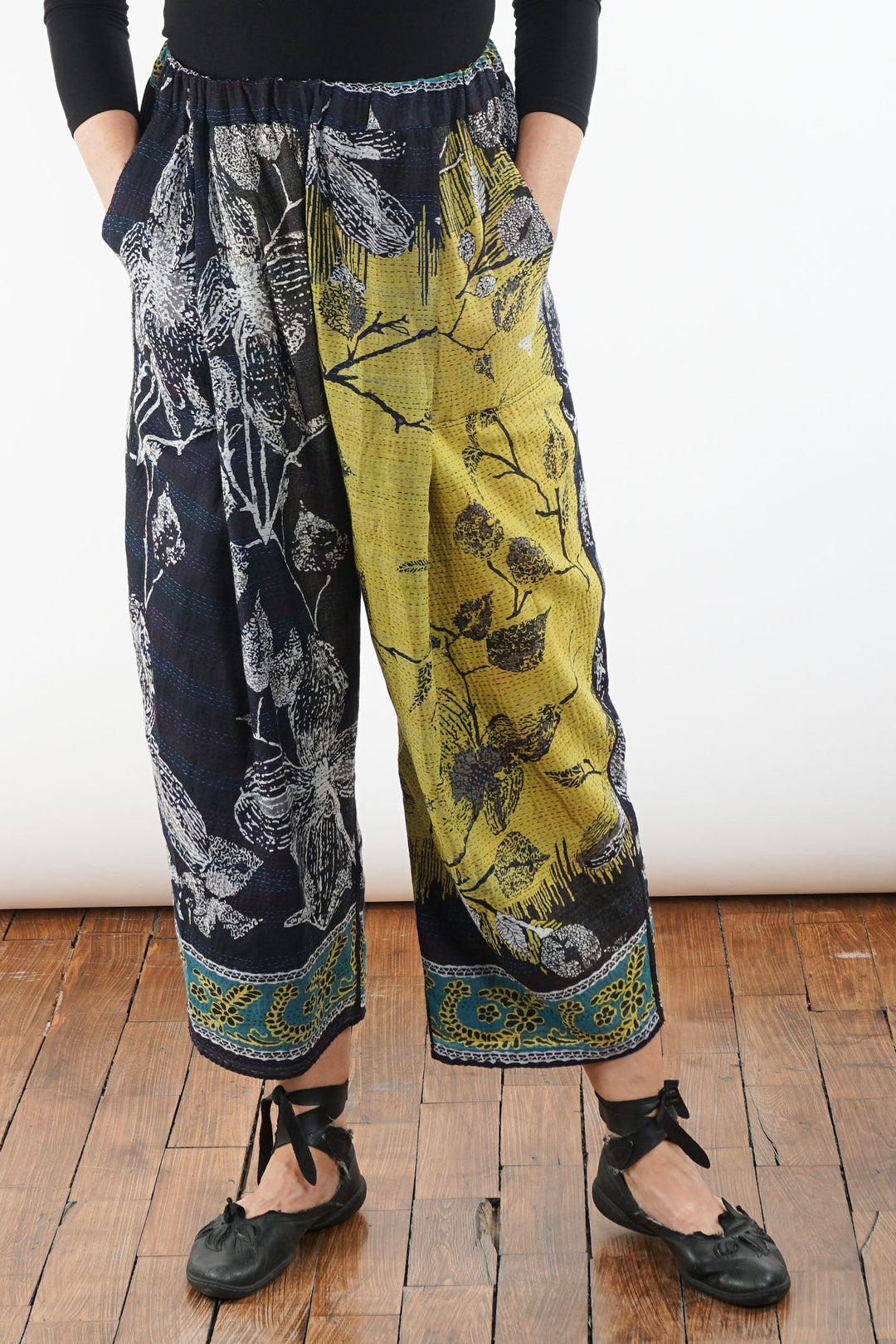 ORGANIC LEAVES KANTHA BAGGY PANTS - ol2642-blk -