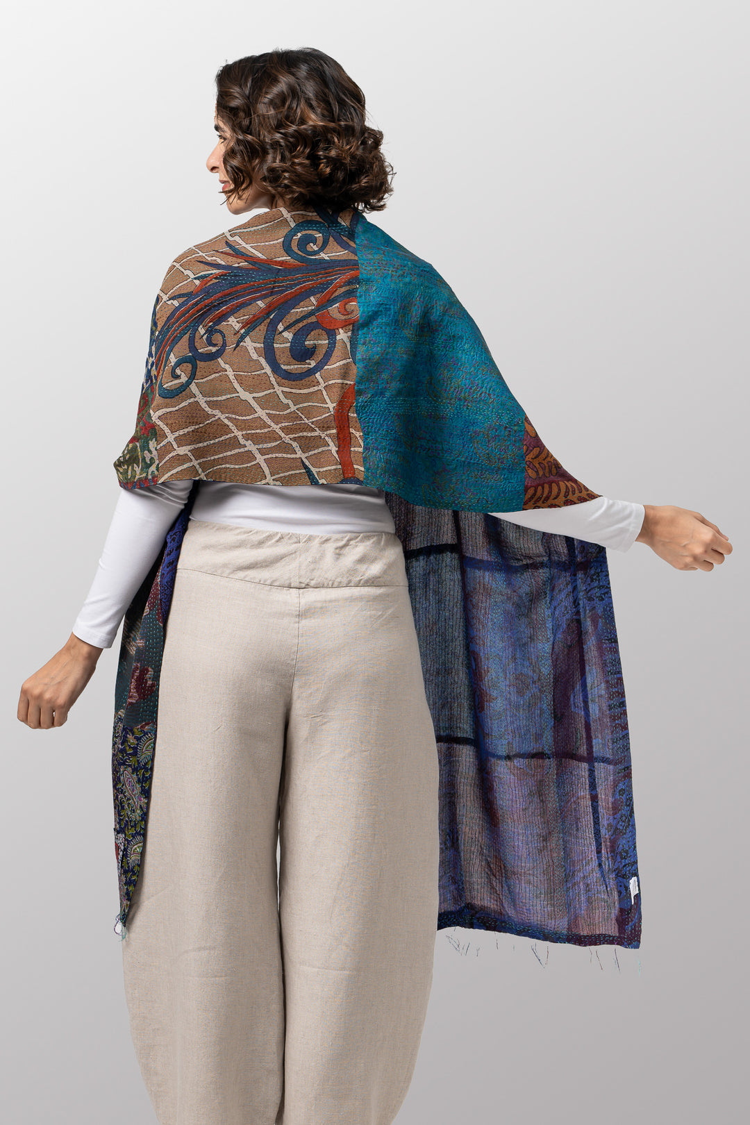 GEORGETTE VINTAGE SILK PATCH KANTHA SCARF STANDARD - gs2801-tel -
