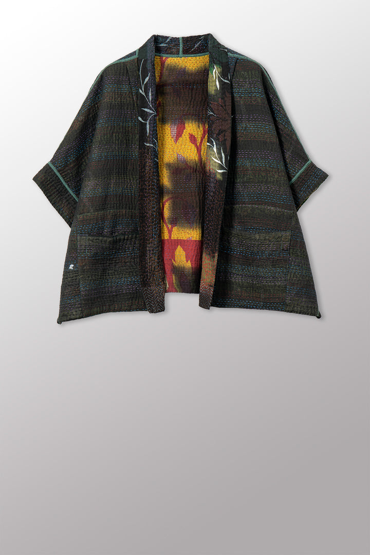 VINTAGE COTTON GREY CLAMP TIE DYE KANTHA MINI PONCHO - su4060-0003a -